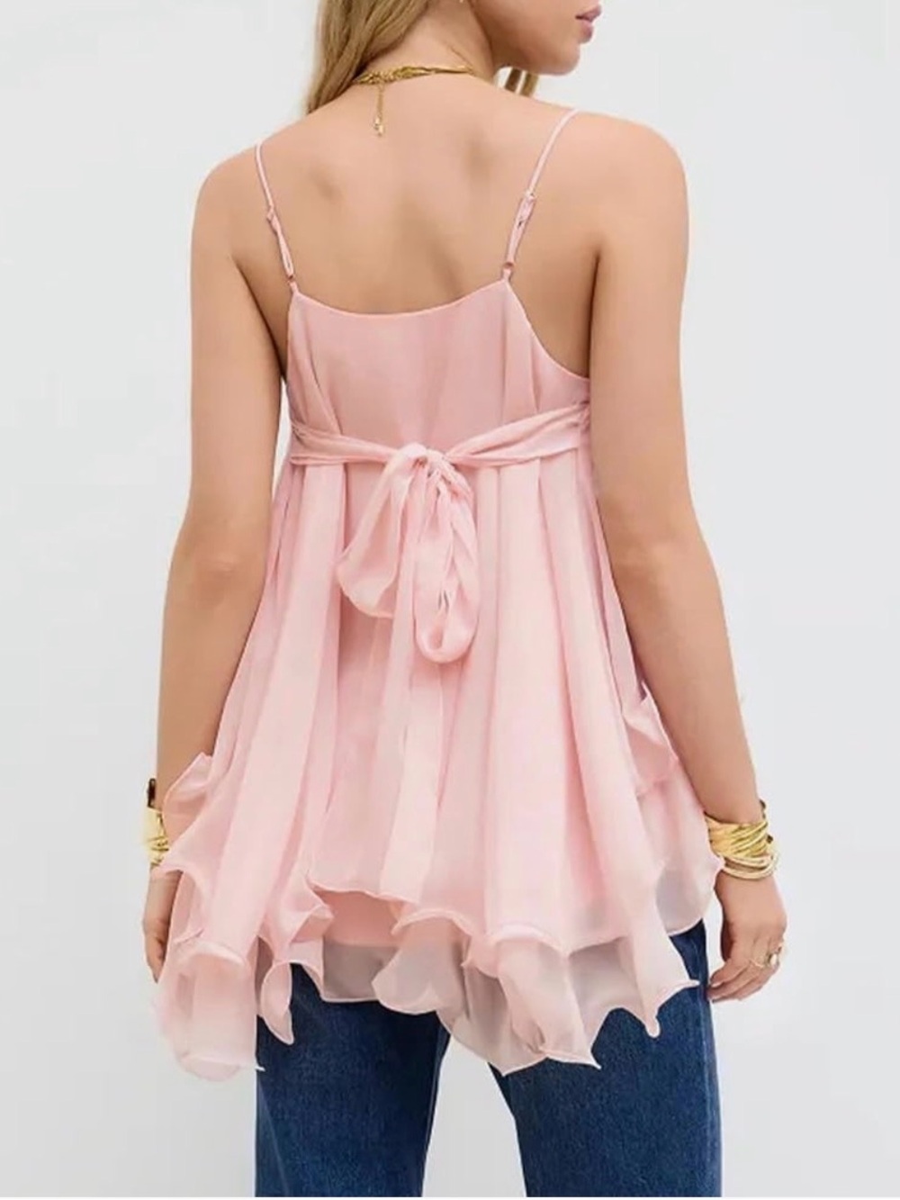 Feminine romantic baby pink layered chiffon lettuce hem top - Picture 3 of 10